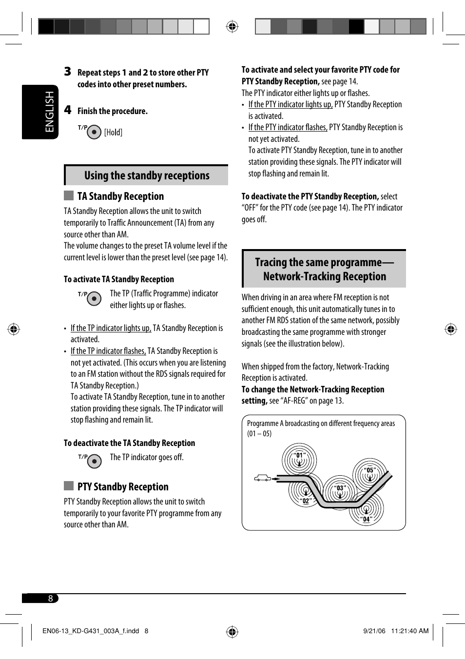 Using the standby receptions, English, Ta standby reception | Pty standby reception | JVC KD-G431 User Manual | Page 8 / 28