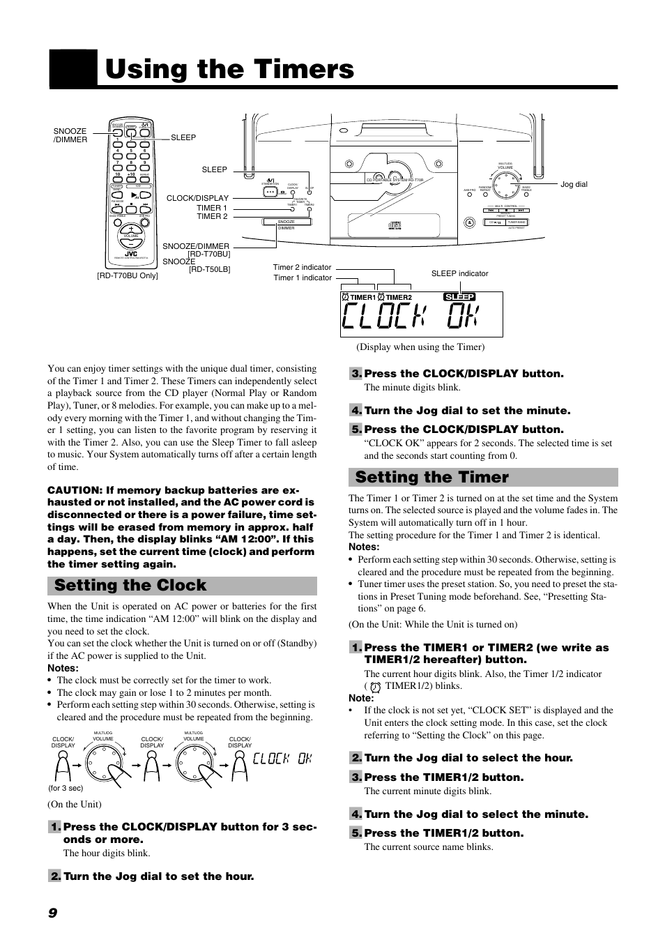 Using the timers, Setting the clock, Setting the timer | Turn the jog dial to set the hour, Press the clock/display button, Turn the jog dial to set the minute, Turn the jog dial to select the hour, Press the timer1/2 button, Turn the jog dial to select the minute | JVC RD-T70BU User Manual | Page 12 / 18