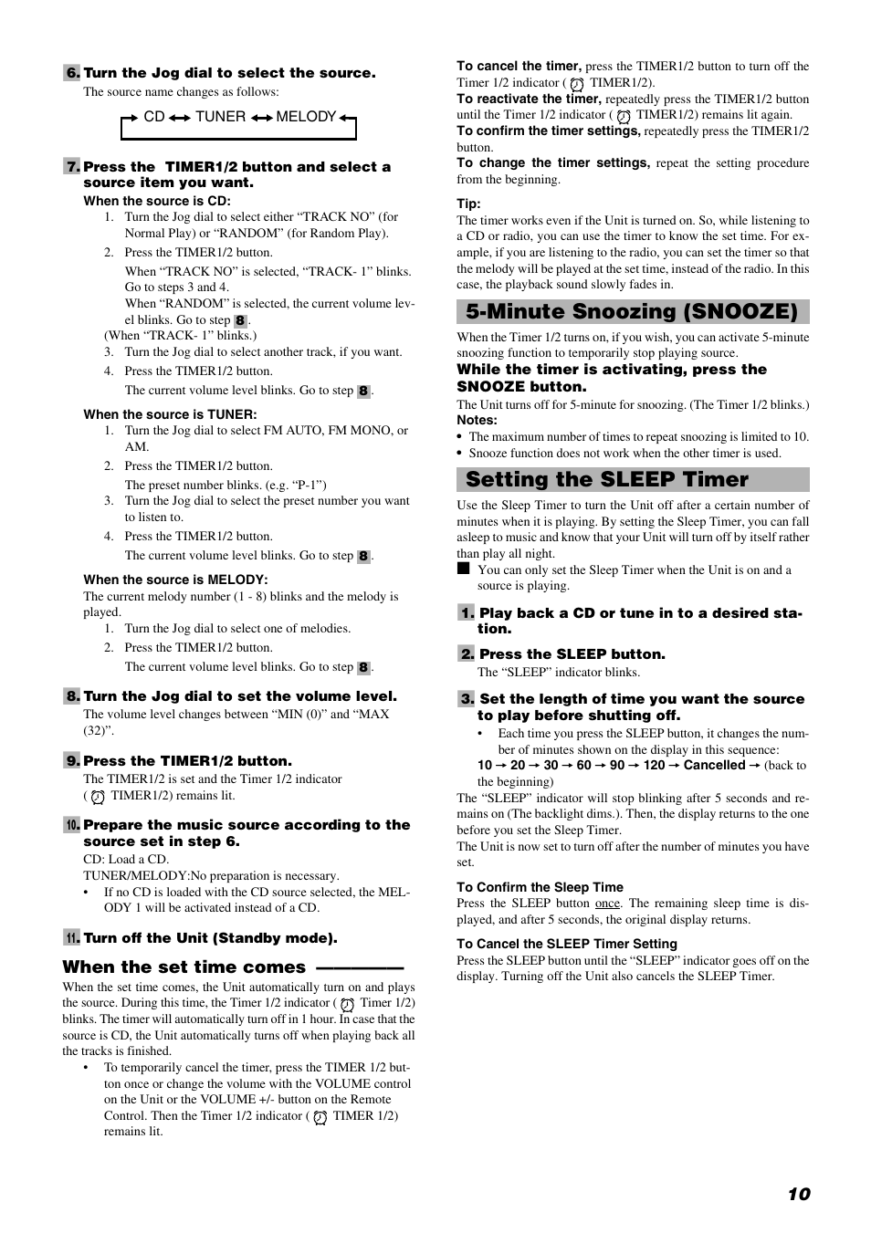Minute snoozing (snooze) setting the sleep timer, When the set time comes | JVC RD-T70BU User Manual | Page 13 / 18