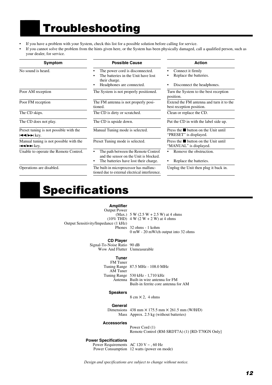 Troubleshooting, Specifications | JVC RD-T70BU User Manual | Page 15 / 18