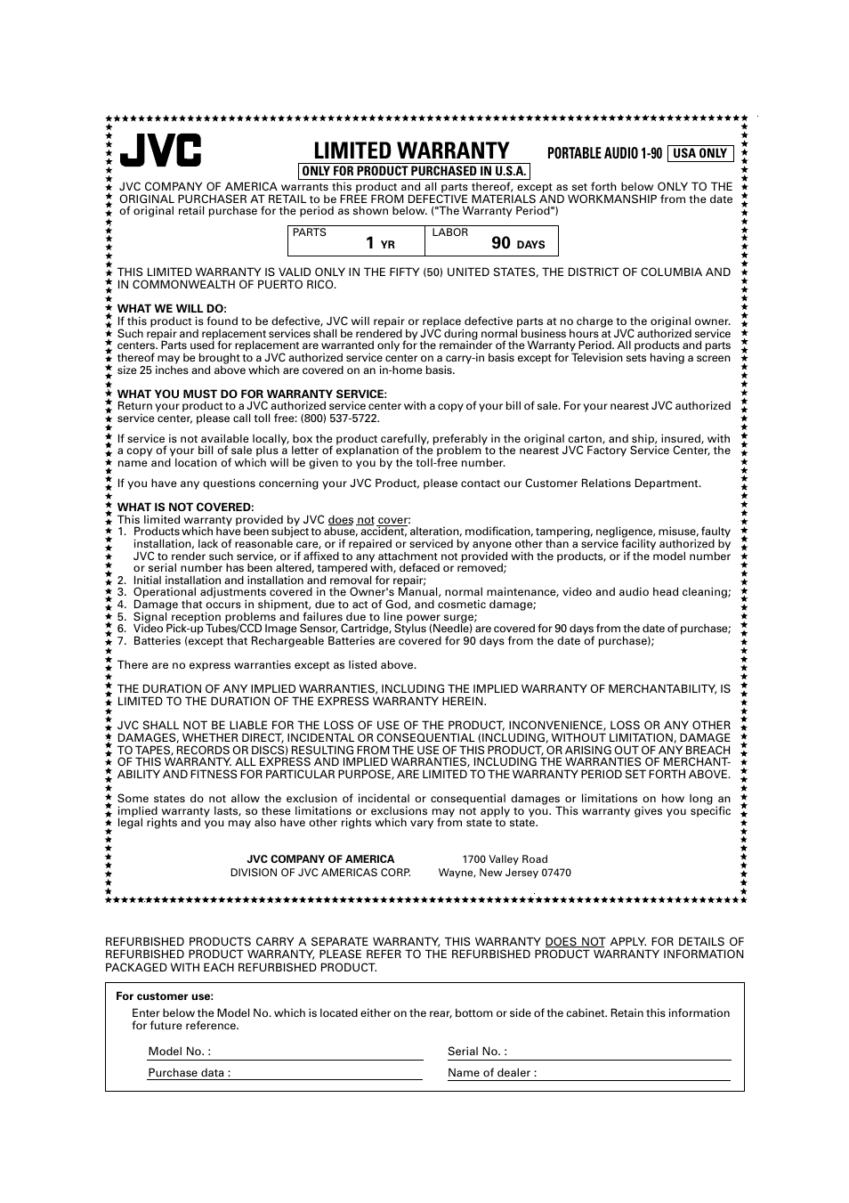 Limited warranty, Portable audio 1-90 | JVC RD-T70BU User Manual | Page 17 / 18