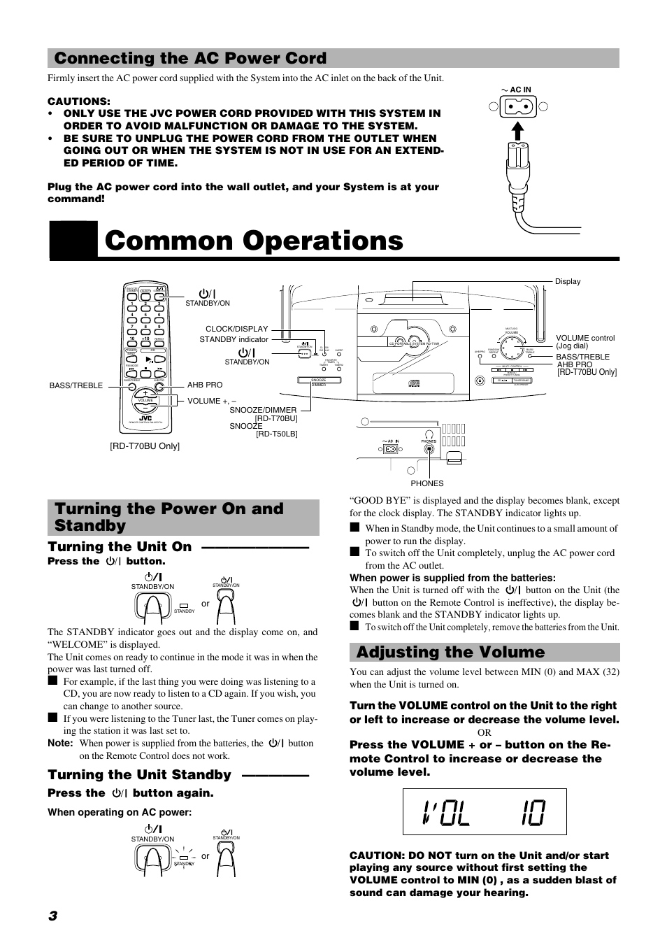 Common operations, Connecting the ac power cord, Turning the power on and standby | Adjusting the volume, Turning the unit on, Turning the unit standby, Press the button again | JVC RD-T70BU User Manual | Page 6 / 18
