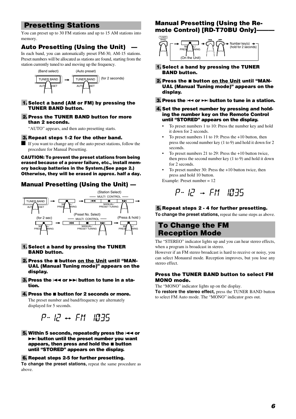Presetting stations, Auto presetting (using the unit), Manual presetting (using the unit) | JVC RD-T70BU User Manual | Page 9 / 18