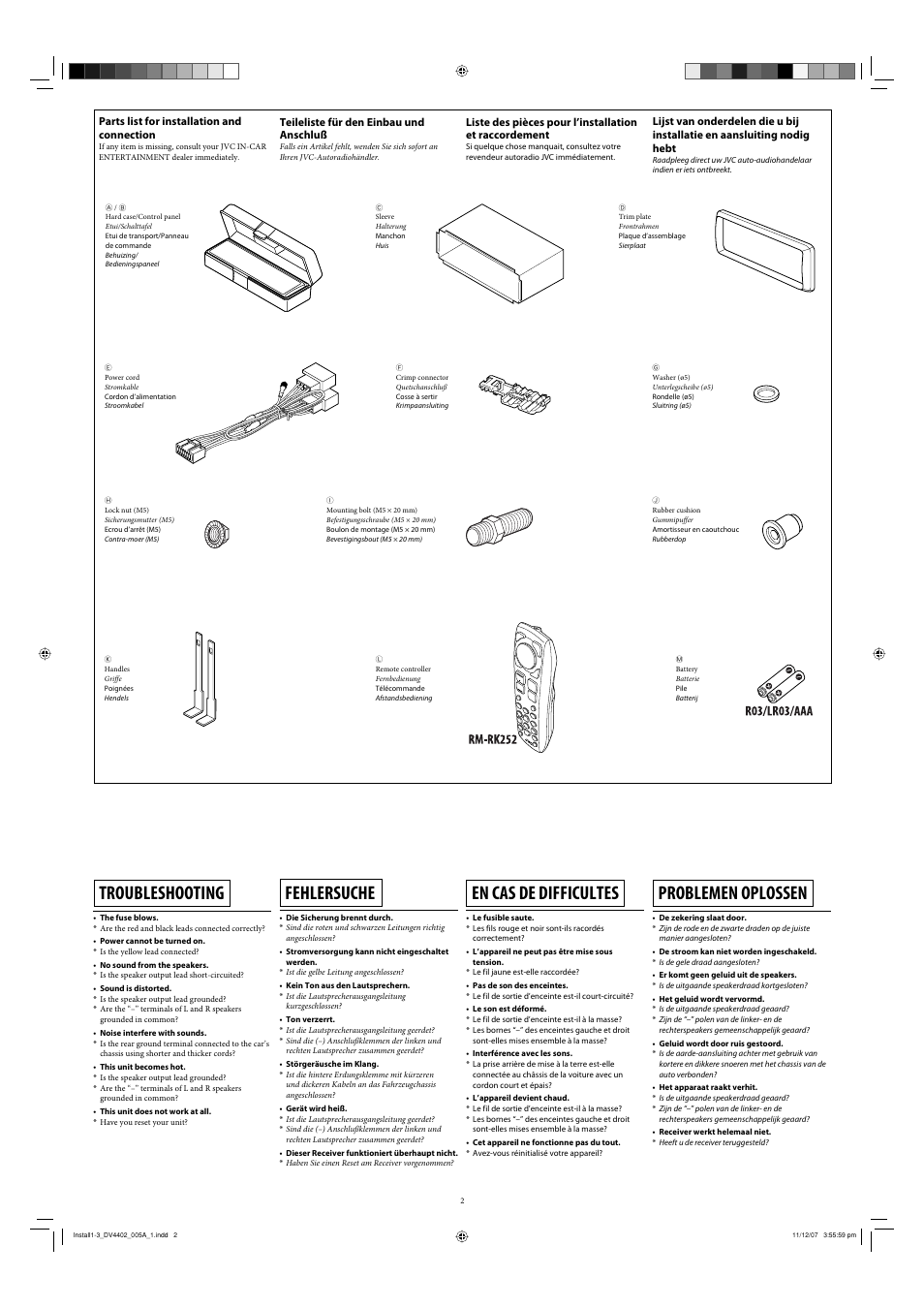 Troubleshooting, Fehlersuche, En cas de difficultes | Problemen oplossen | JVC DVD/CD Receiver KD-DV4402 User Manual | Page 2 / 6
