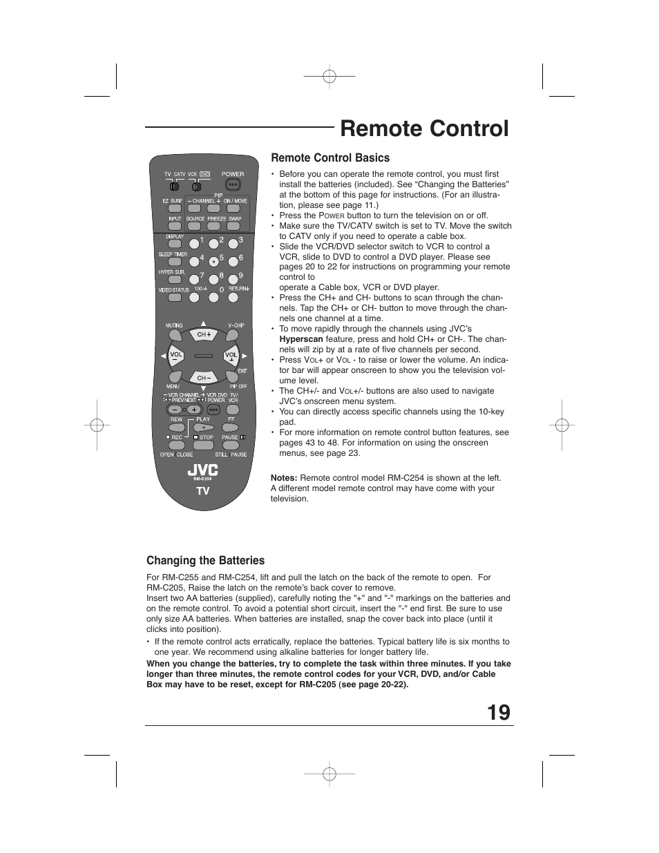 Remote control, Changing the batteries, Remote control basics | JVC AV 32320 User Manual | Page 19 / 56