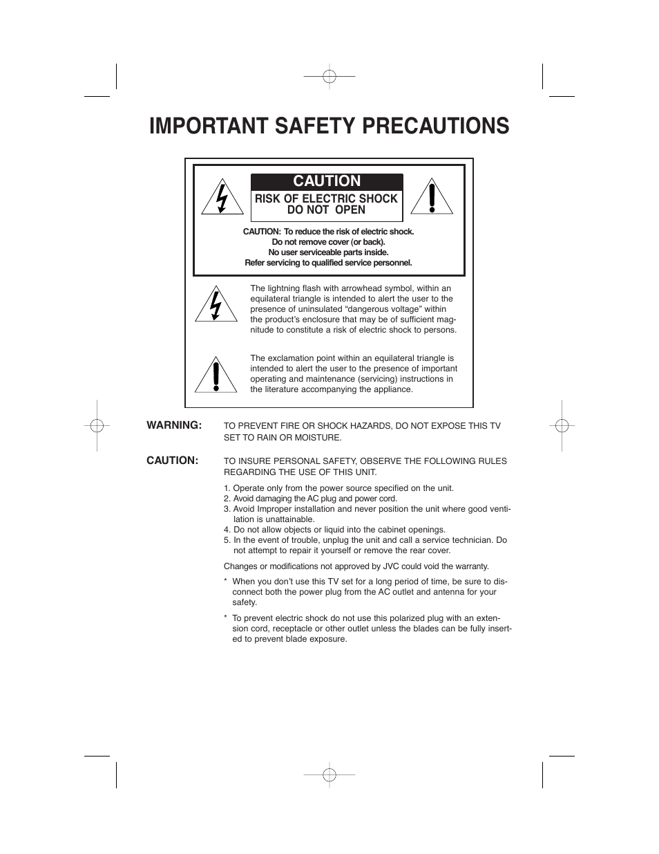 Important safety precautions, Caution | JVC AV 32320 User Manual | Page 2 / 56