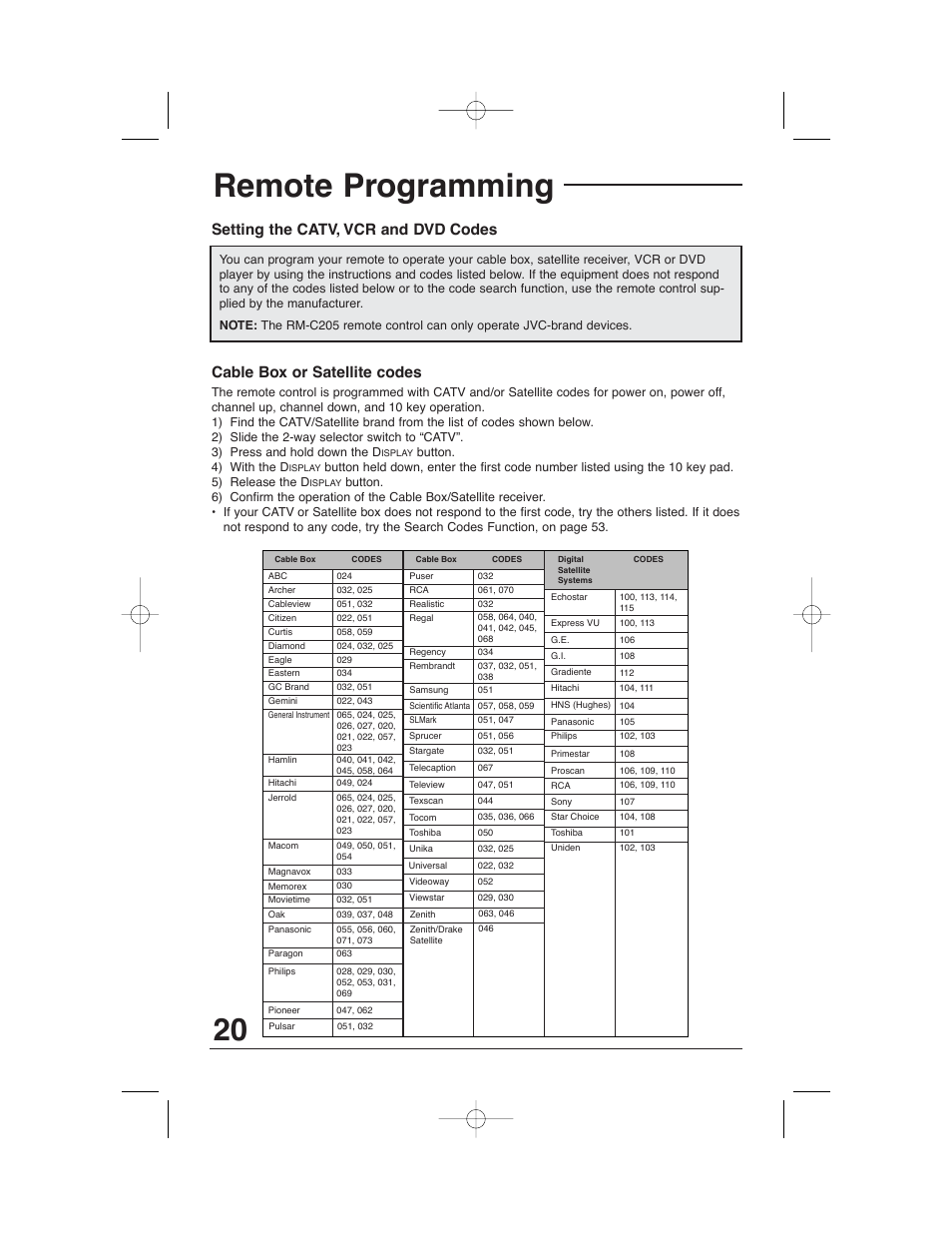 Remote programming, Setting the catv, vcr and dvd codes, Cable box or satellite codes | JVC AV 32320 User Manual | Page 20 / 56