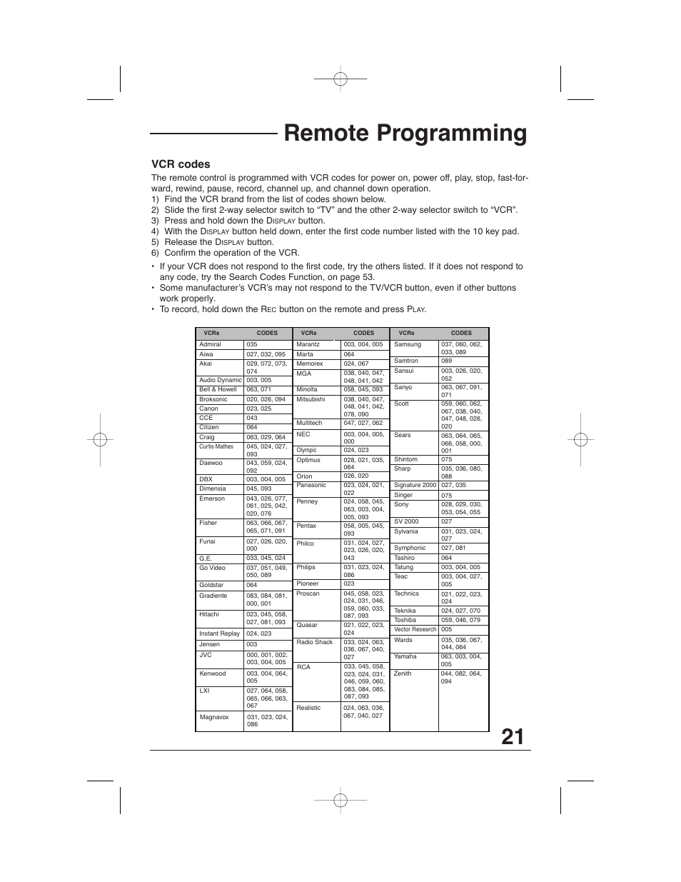 Remote programming, Vcr codes | JVC AV 32320 User Manual | Page 21 / 56