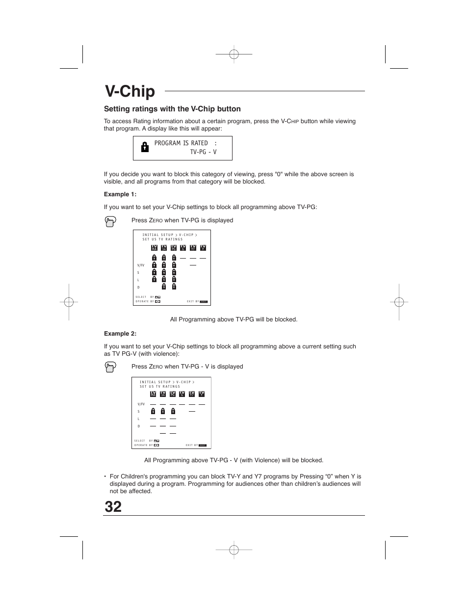 V-chip, Setting ratings with the v-chip button, Program is rated : tv-pg - v | JVC AV 32320 User Manual | Page 32 / 56