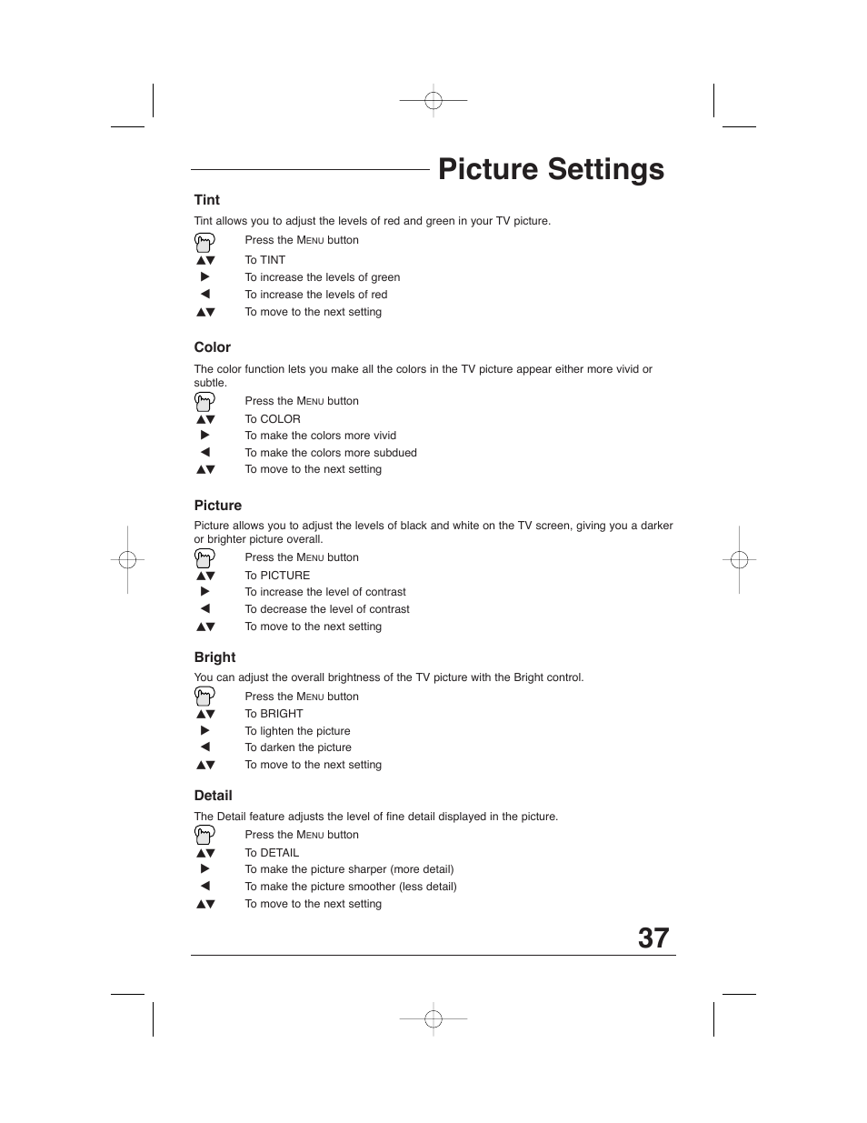 Picture settings | JVC AV 32320 User Manual | Page 37 / 56