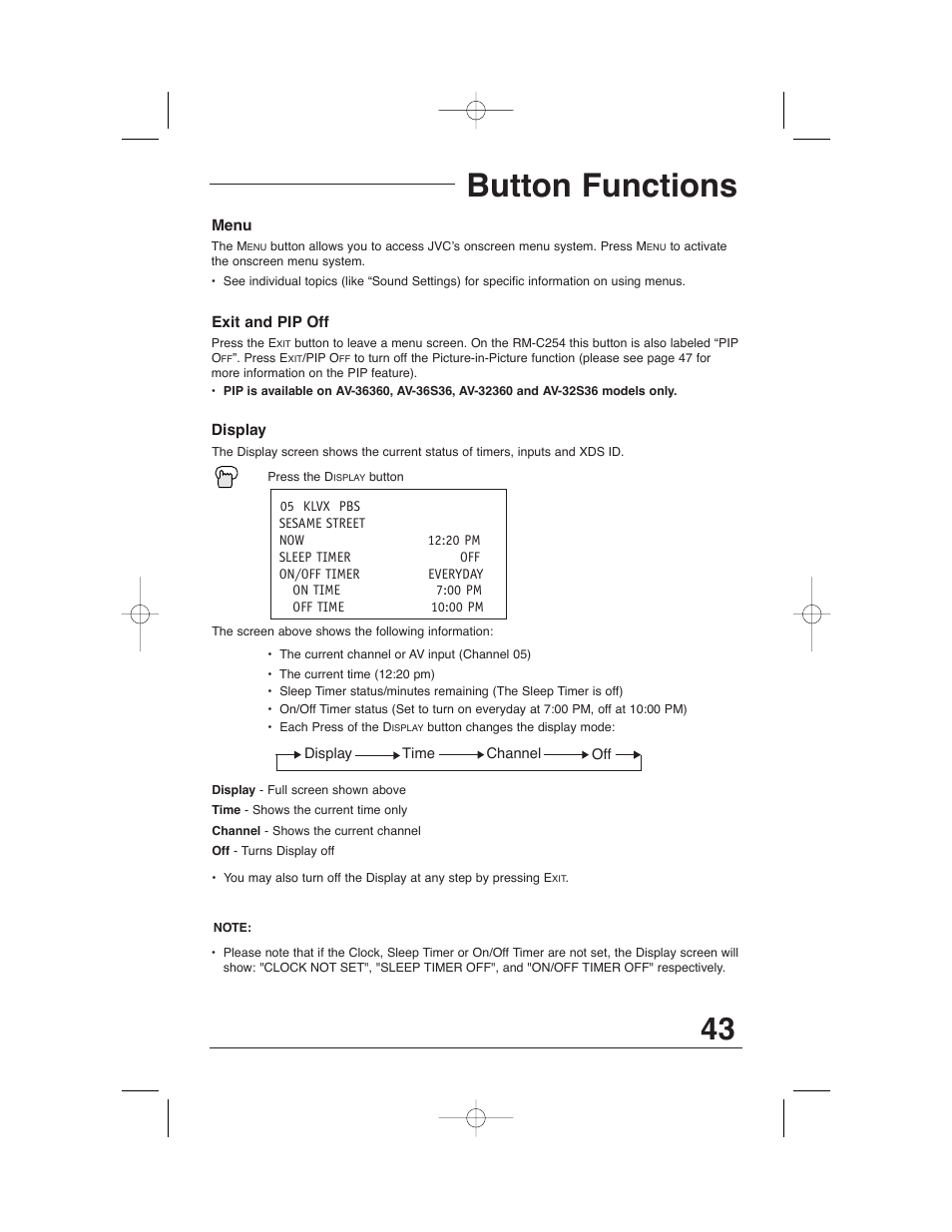 Button functions | JVC AV 32320 User Manual | Page 43 / 56