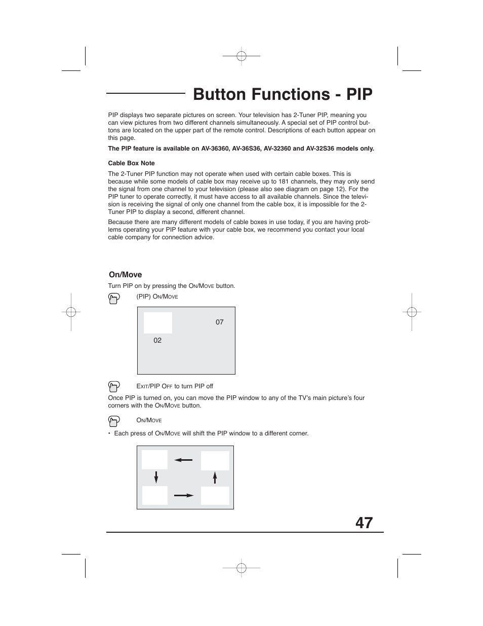 Button functions - pip | JVC AV 32320 User Manual | Page 47 / 56