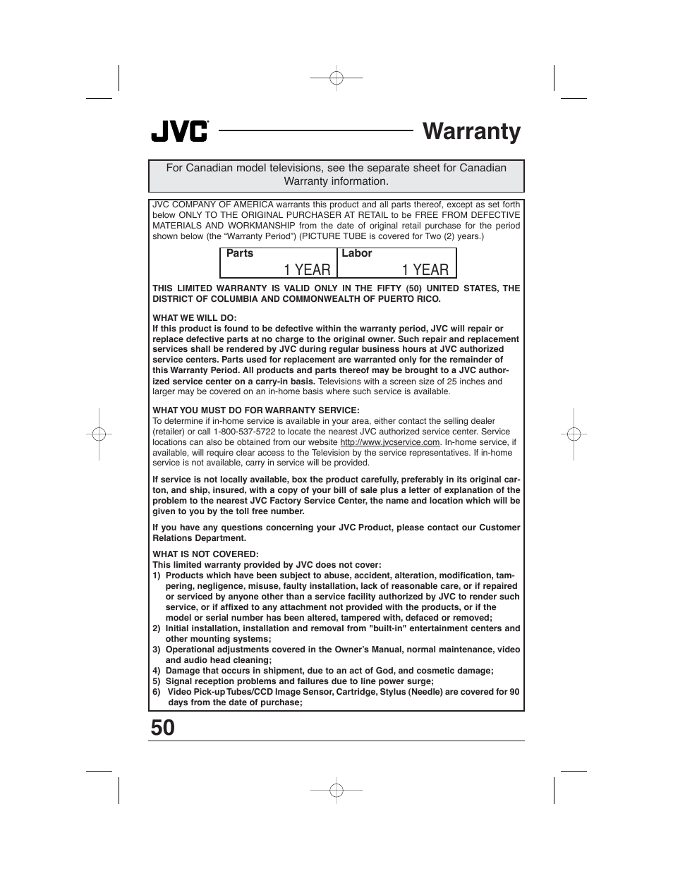 Warranty, 1 year | JVC AV 32320 User Manual | Page 50 / 56