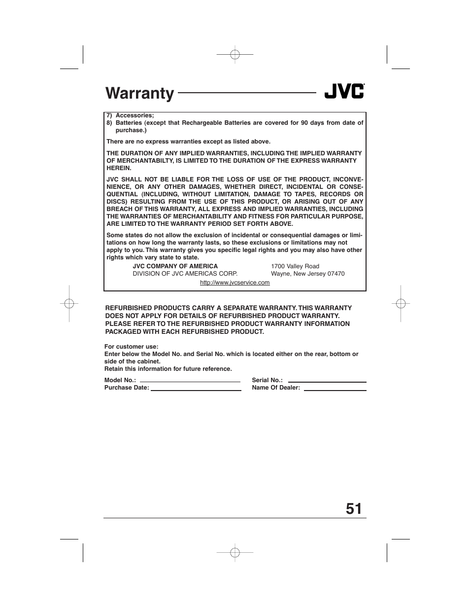 Warranty | JVC AV 32320 User Manual | Page 51 / 56