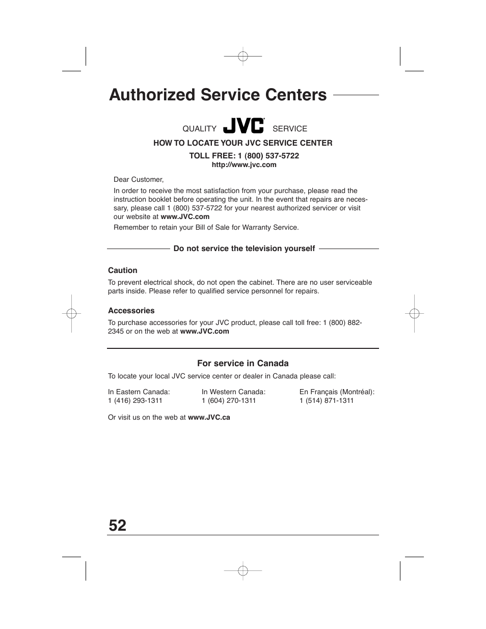 Authorized service centers | JVC AV 32320 User Manual | Page 52 / 56