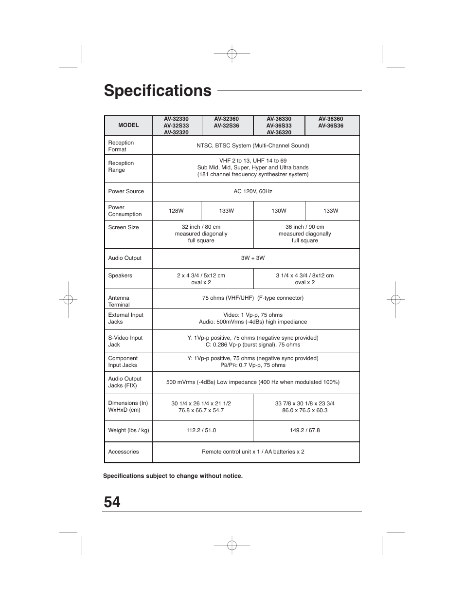 Specifications | JVC AV 32320 User Manual | Page 54 / 56