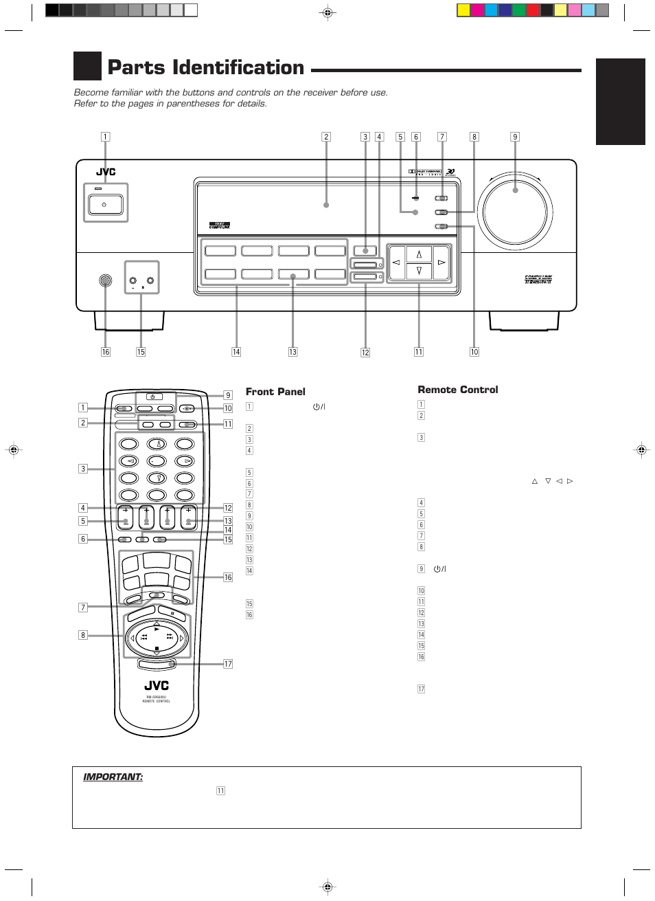 Parts identification, English, Front panel | Remote control | JVC LVT0142-006A User Manual | Page 5 / 38