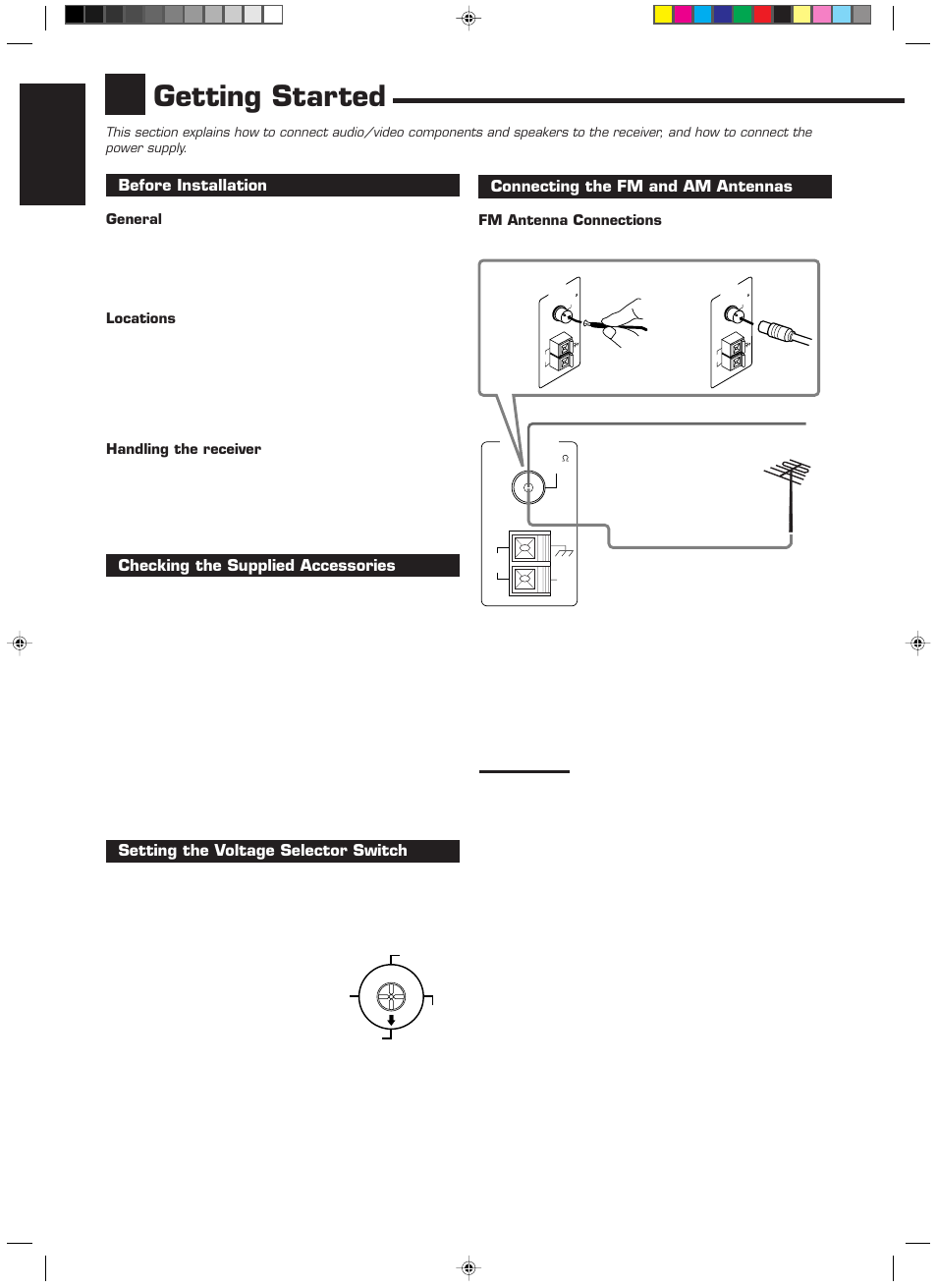 Getting started, English, Before installation | Checking the supplied accessories, Setting the voltage selector switch, Connecting the fm and am antennas | JVC LVT0142-006A User Manual | Page 6 / 38