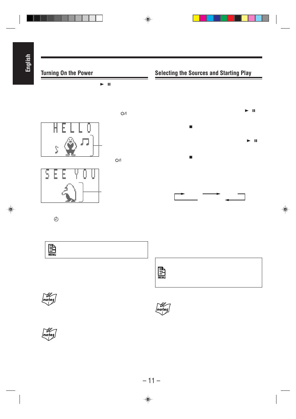 English turning on the power, Selecting the sources and starting play | JVC CA-MXS6MD User Manual | Page 14 / 75