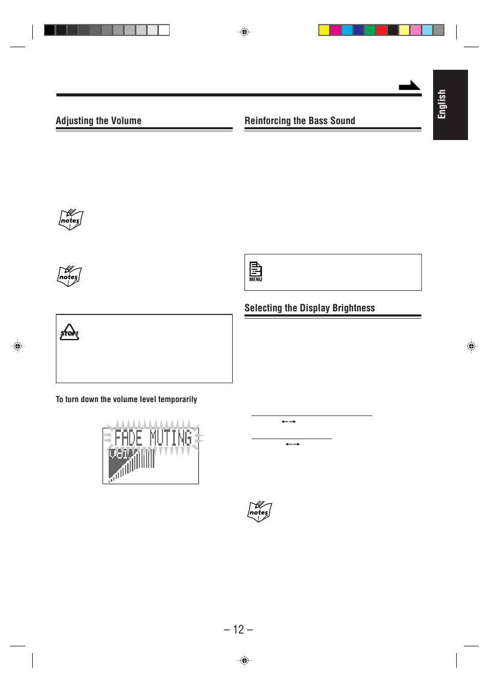 English adjusting the volume, Reinforcing the bass sound, Selecting the display brightness | JVC CA-MXS6MD User Manual | Page 15 / 75