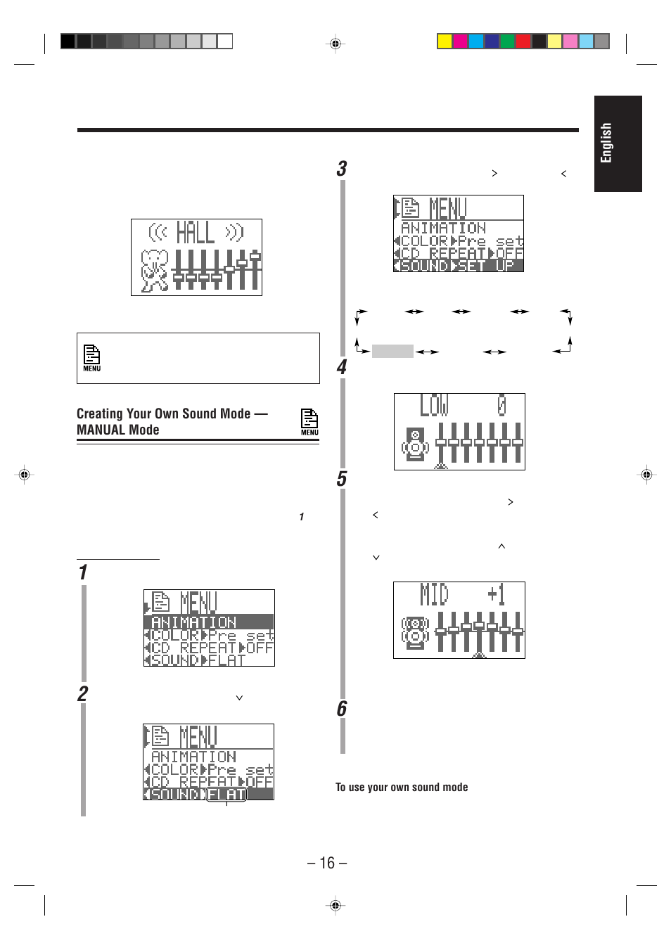 English, Creating your own sound mode — manual mode | JVC CA-MXS6MD User Manual | Page 19 / 75