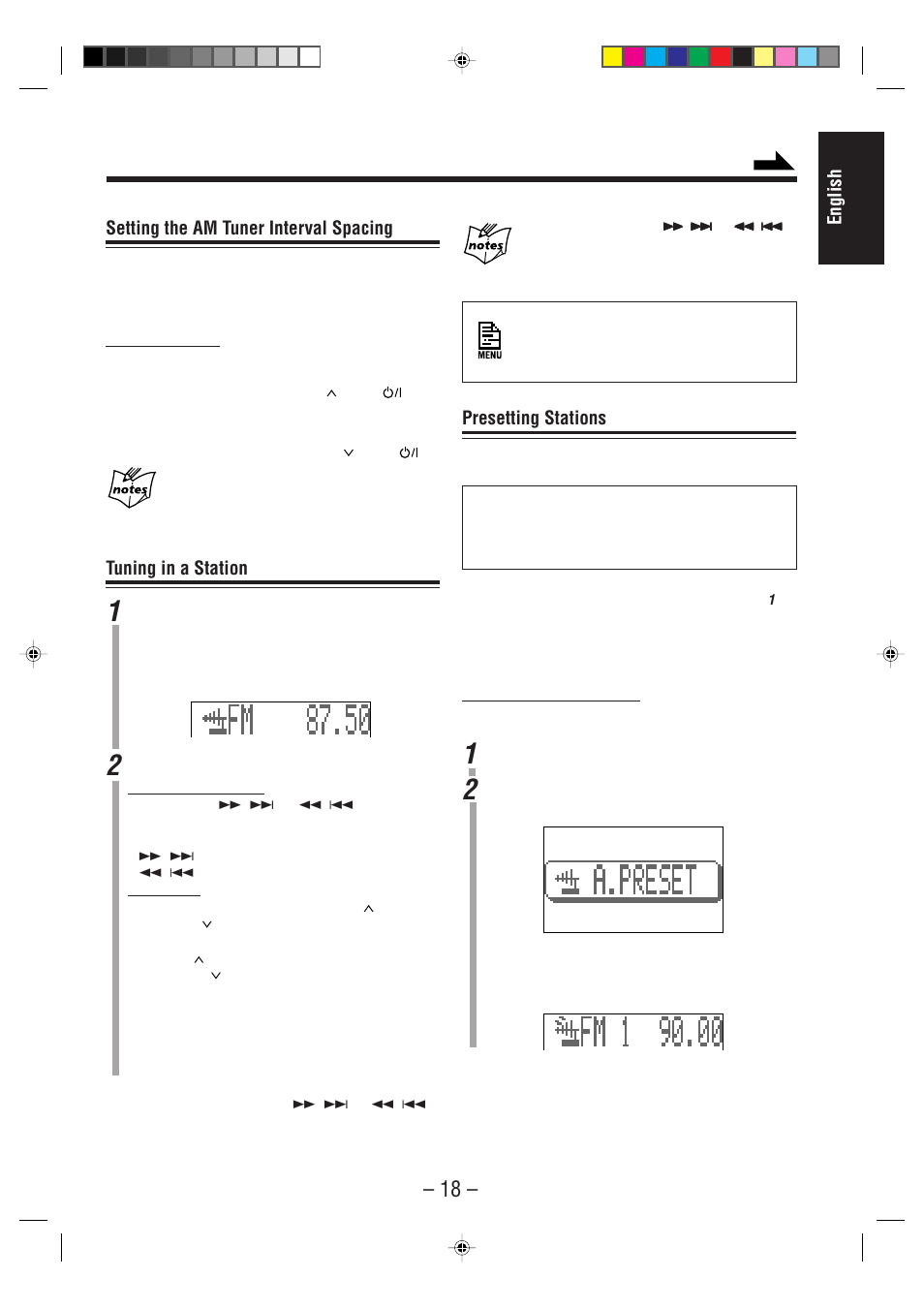 English setting the am tuner interval spacing, Tuning in a station, Presetting stations | JVC CA-MXS6MD User Manual | Page 21 / 75