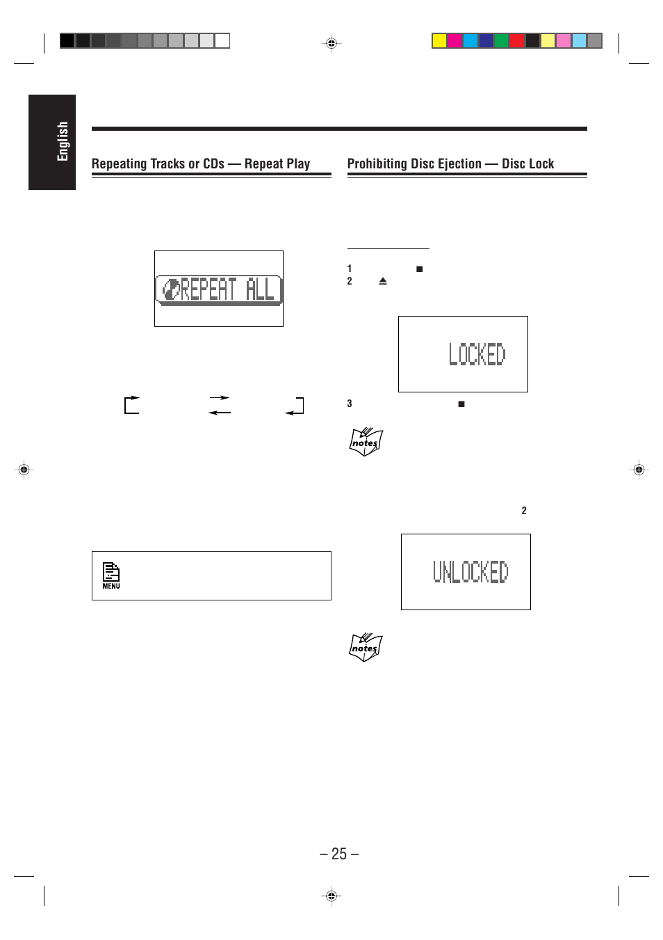 English repeating tracks or cds — repeat play, Prohibiting disc ejection — disc lock | JVC CA-MXS6MD User Manual | Page 28 / 75