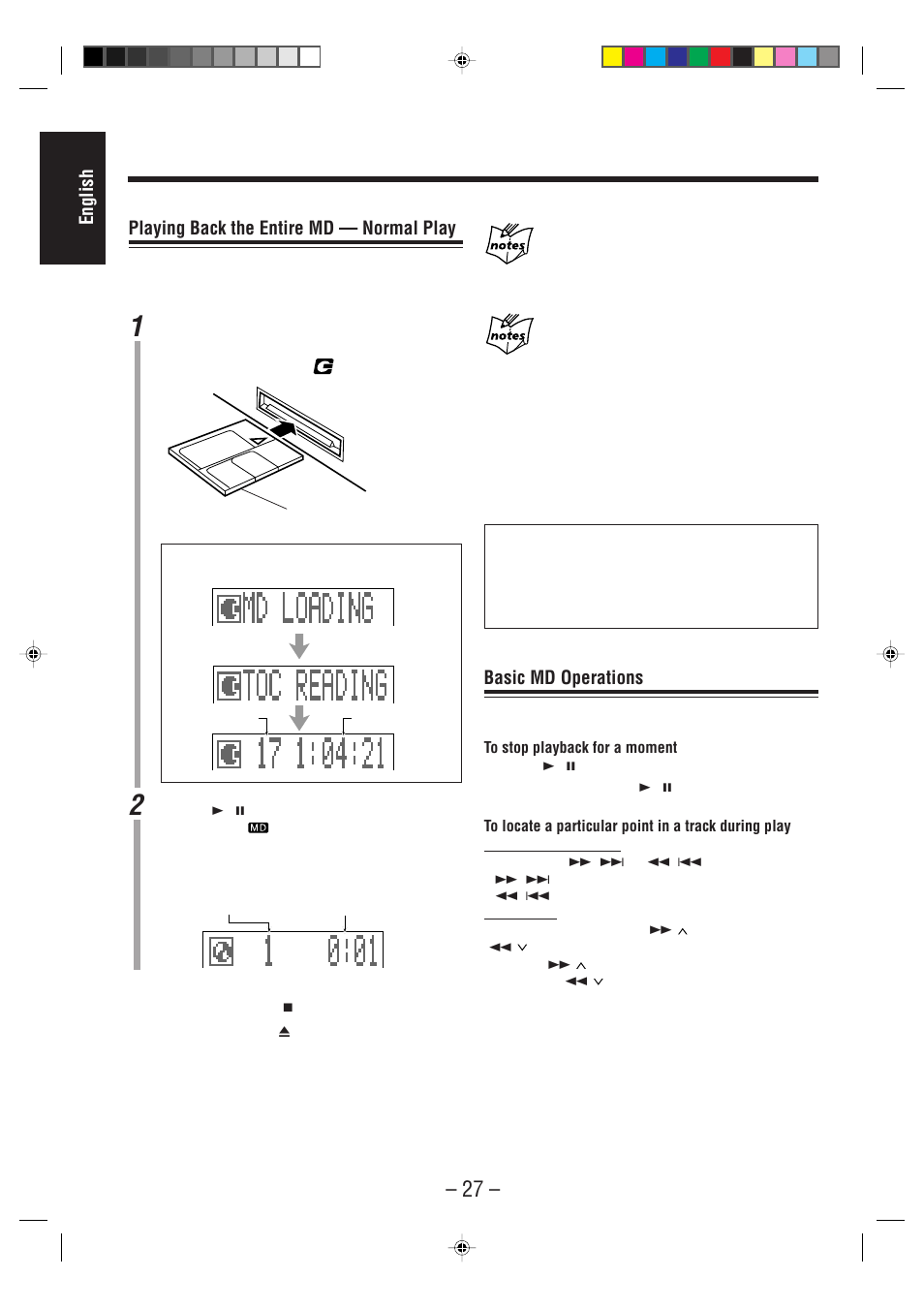 English playing back the entire md — normal play, Basic md operations | JVC CA-MXS6MD User Manual | Page 30 / 75