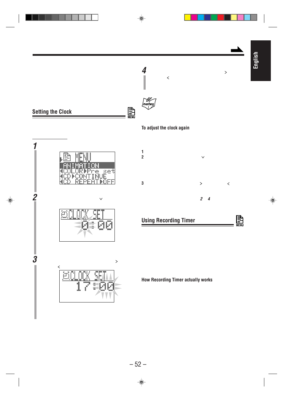 English, Setting the clock, Using recording timer | JVC CA-MXS6MD User Manual | Page 55 / 75