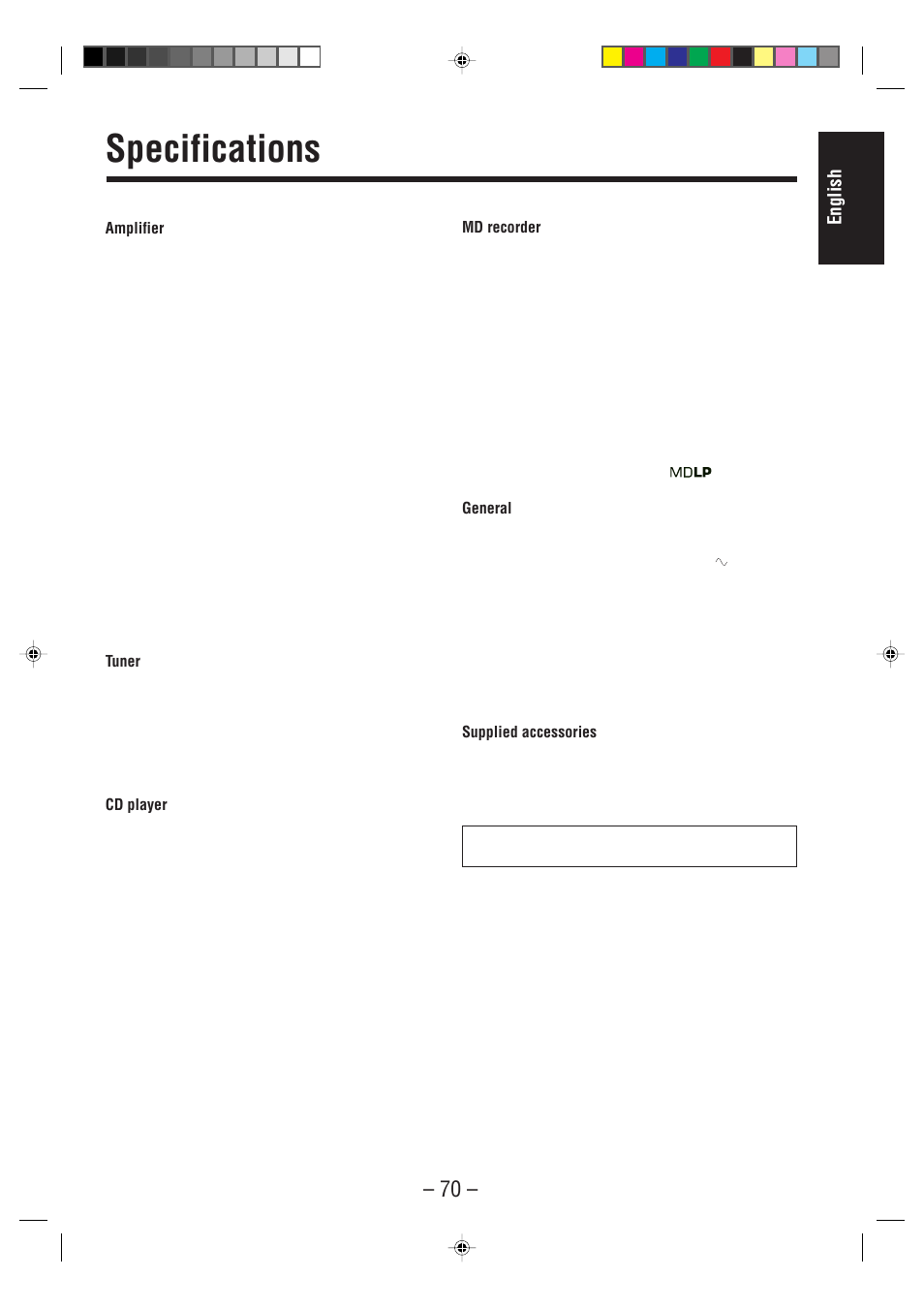 Specifications, English | JVC CA-MXS6MD User Manual | Page 73 / 75