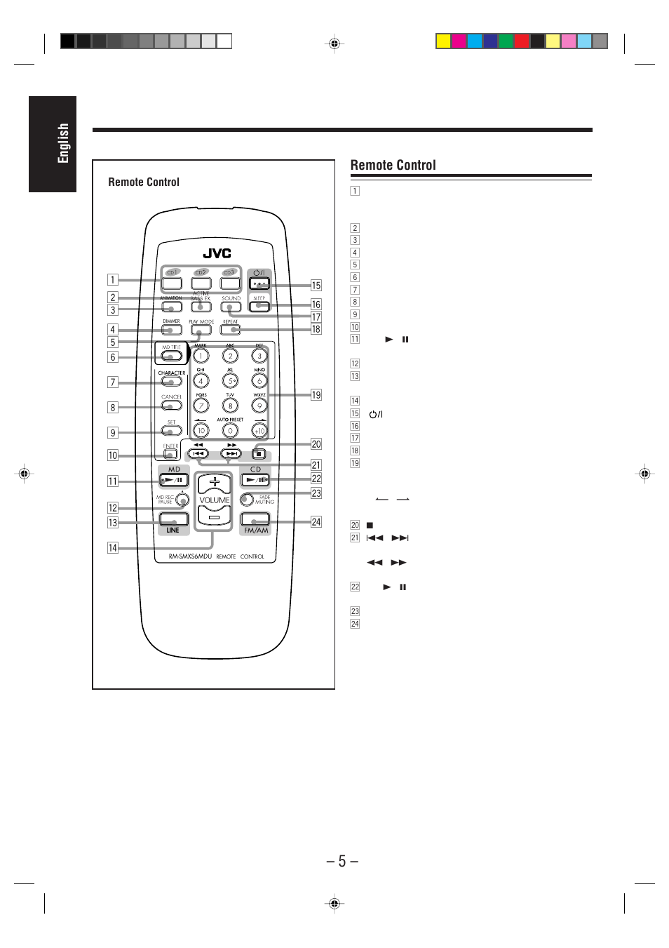 English, Remote control | JVC CA-MXS6MD User Manual | Page 8 / 75