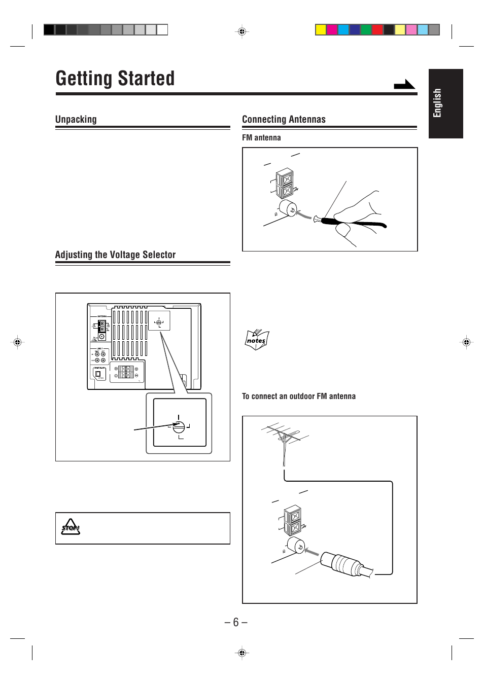 Getting started, English, Unpacking | Adjusting the voltage selector, Connecting antennas, Fm antenna | JVC CA-MXS6MD User Manual | Page 9 / 75