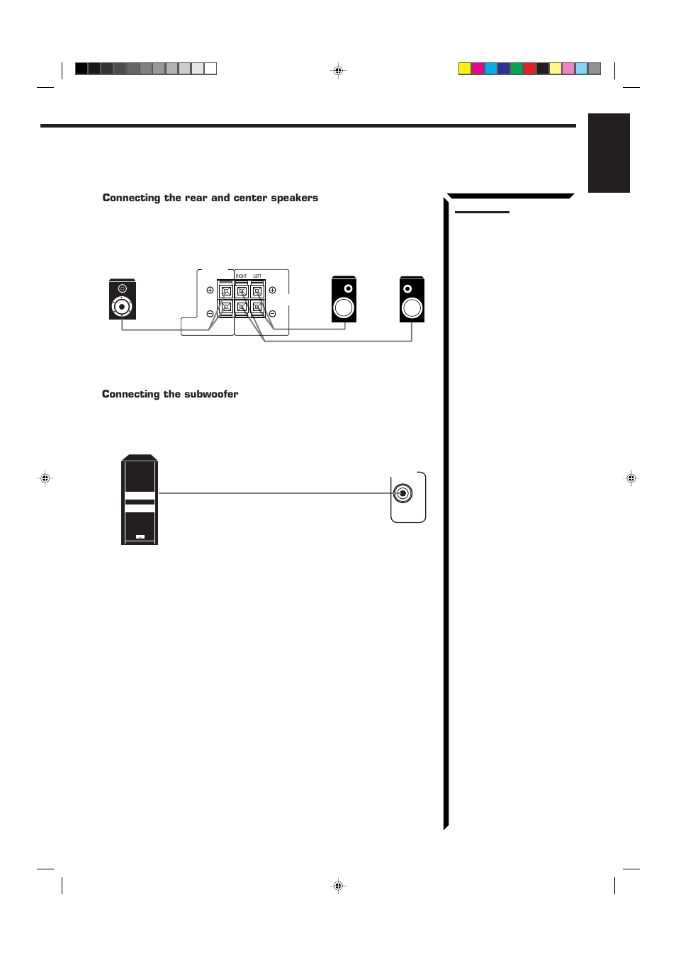 English, Connecting the rear and center speakers, Connecting the subwoofer | JVC RX-60VGD User Manual | Page 9 / 50