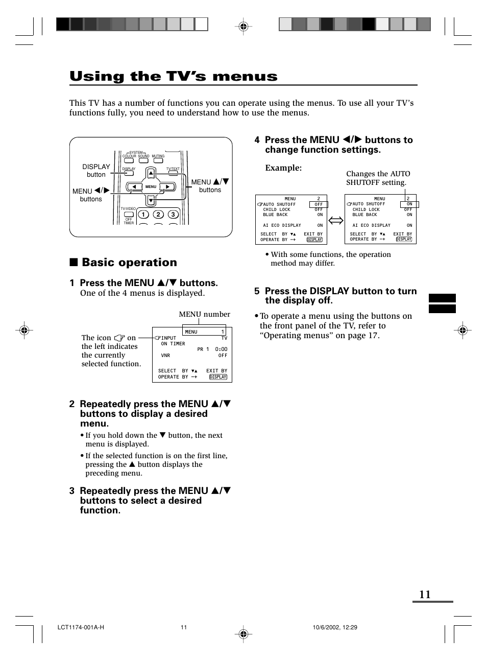 Using the tv’s menus, Basic operation, 1 press the menu t buttons | 5 press the display button to turn the display off | JVC AV-14FMT3 User Manual | Page 11 / 64