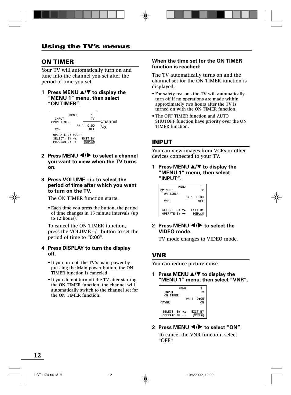 Input, On timer | JVC AV-14FMT3 User Manual | Page 12 / 64