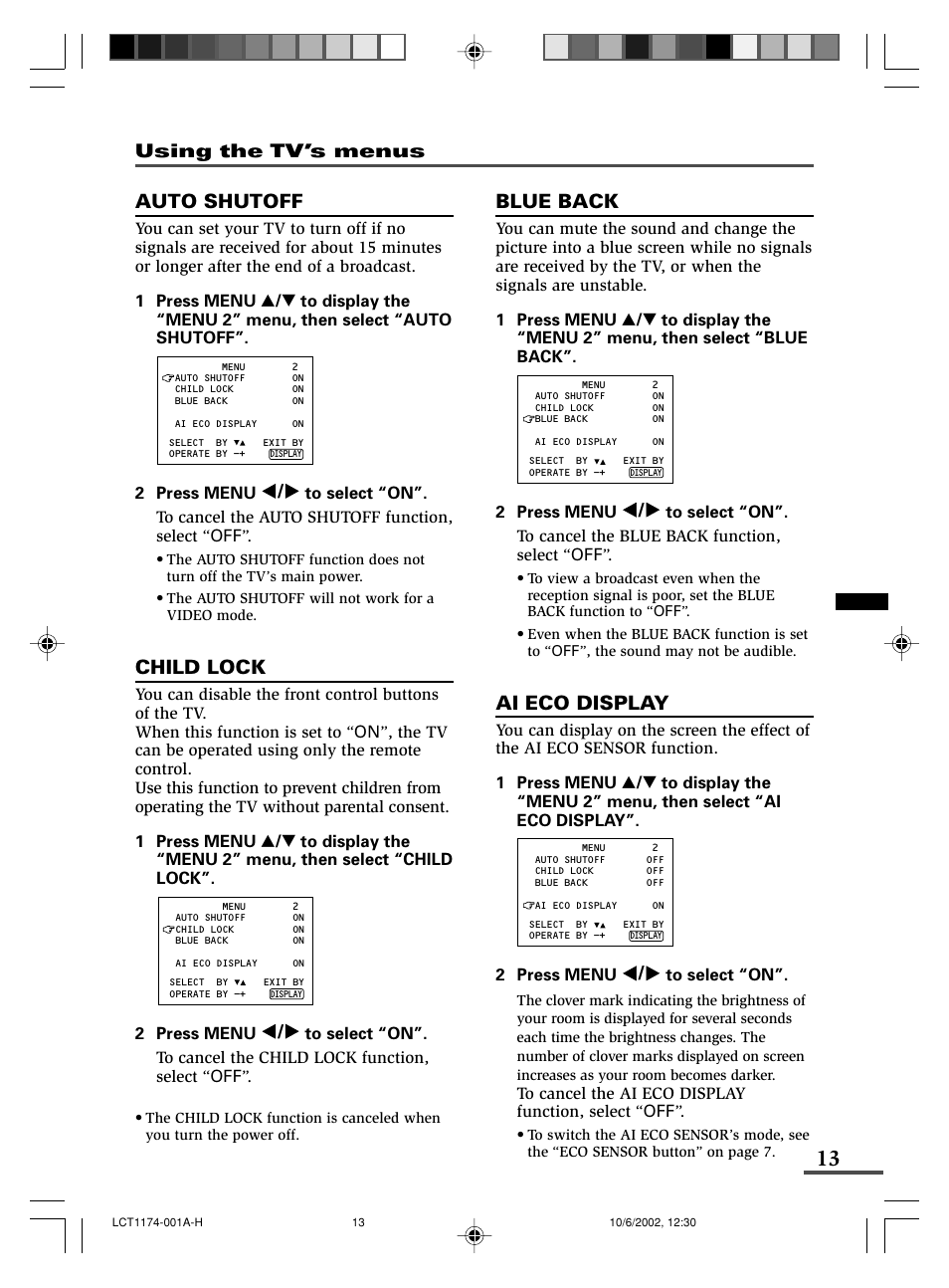 Auto shutoff, Child lock, Blue back | Ai eco display, Using the tv’s menus | JVC AV-14FMT3 User Manual | Page 13 / 64