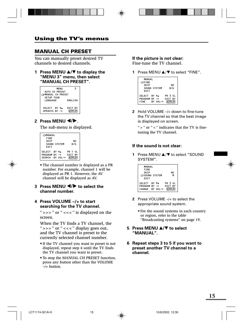 Manual ch preset, Using the tv’s menus | JVC AV-14FMT3 User Manual | Page 15 / 64