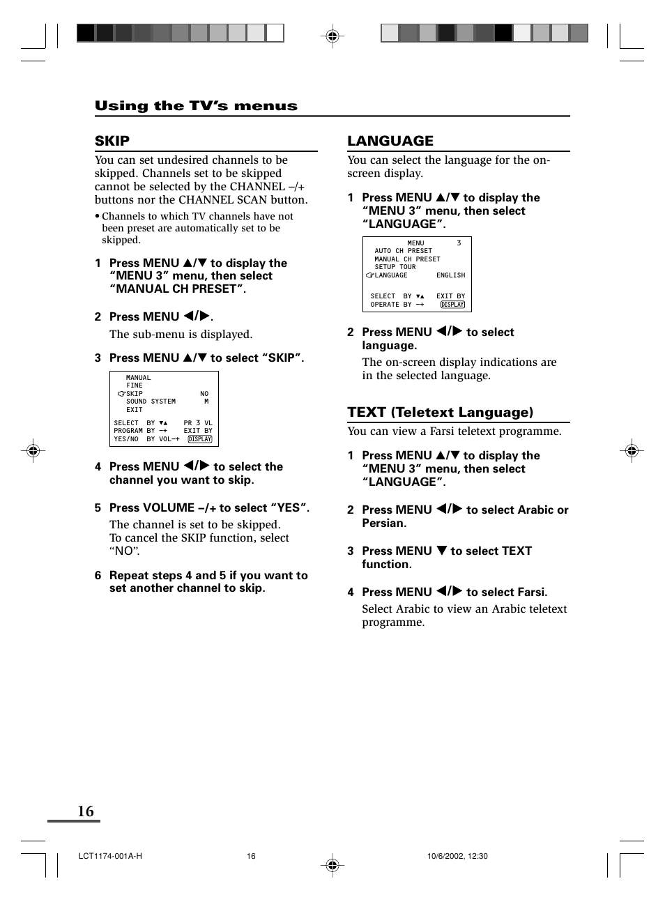 Skip, Language, Text (teletext language) | JVC AV-14FMT3 User Manual | Page 16 / 64