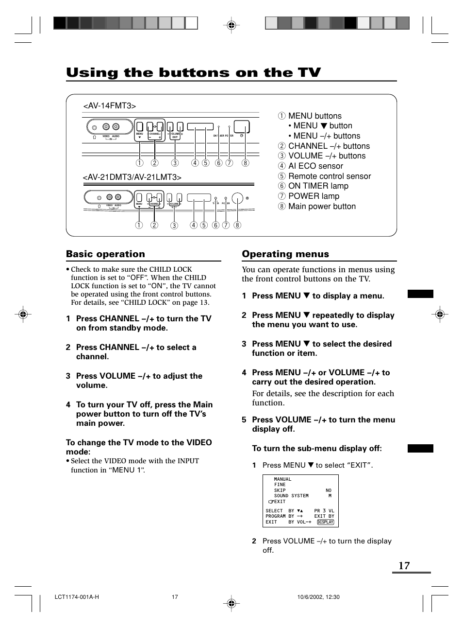 Using the buttons on the tv, Basic operation, Operating menus | JVC AV-14FMT3 User Manual | Page 17 / 64