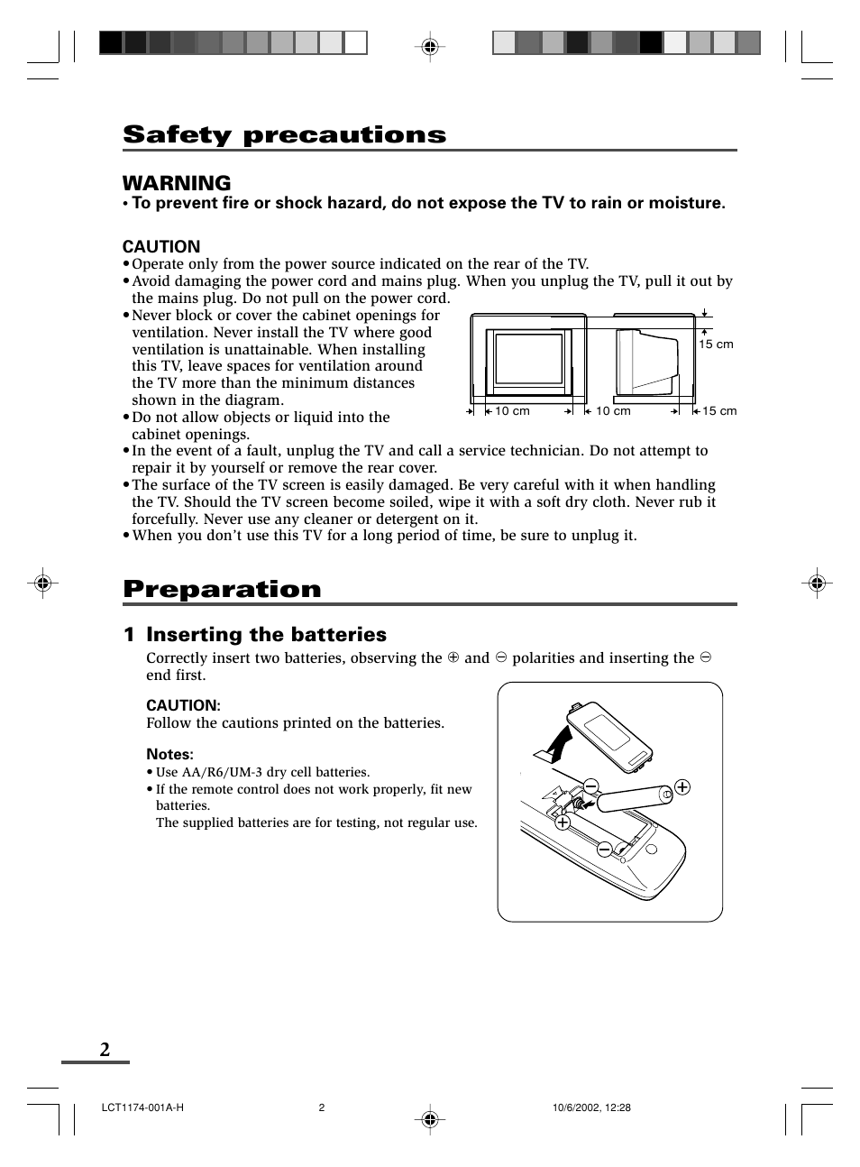 Safety precautions, Preparation, Warning | 1 inserting the batteries | JVC AV-14FMT3 User Manual | Page 2 / 64