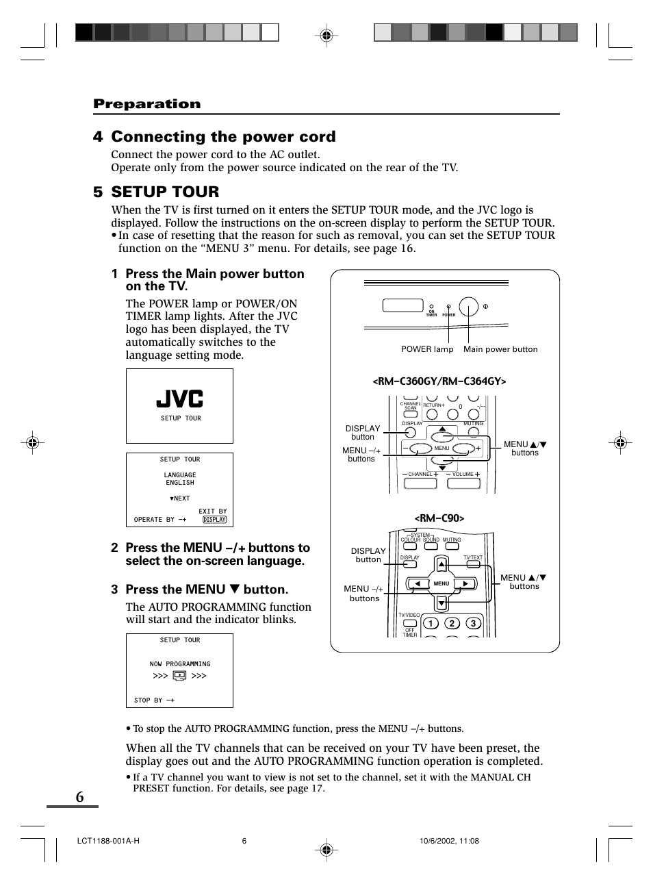 4 connecting the power cord, 5 setup tour, Preparation | 1 press the main power button on the tv | JVC AV-14FMT3 User Manual | Page 26 / 64