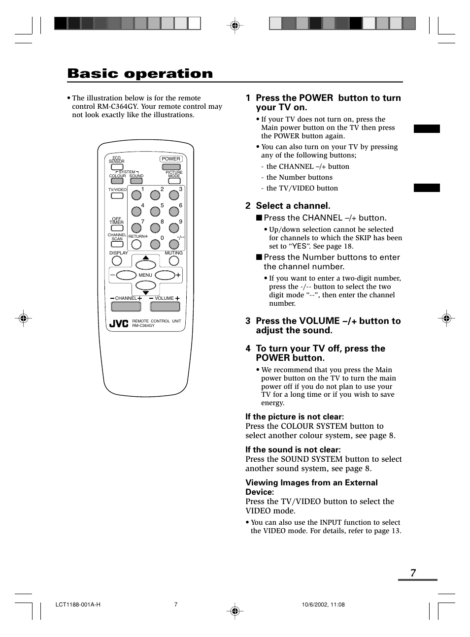 Basic operation, 1 press the power button to turn your tv on, 2 select a channel | JVC AV-14FMT3 User Manual | Page 27 / 64