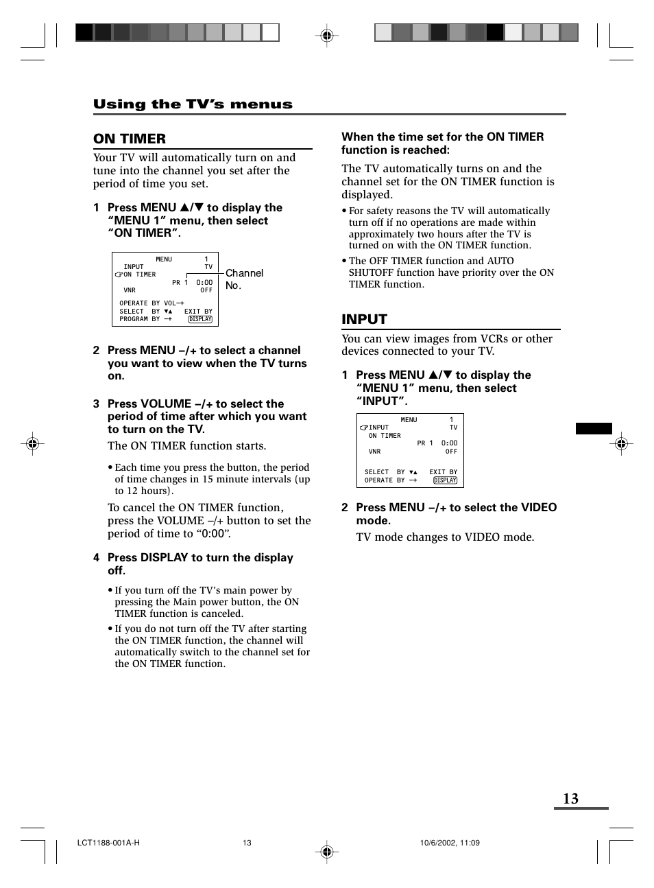 Input, On timer | JVC AV-14FMT3 User Manual | Page 33 / 64
