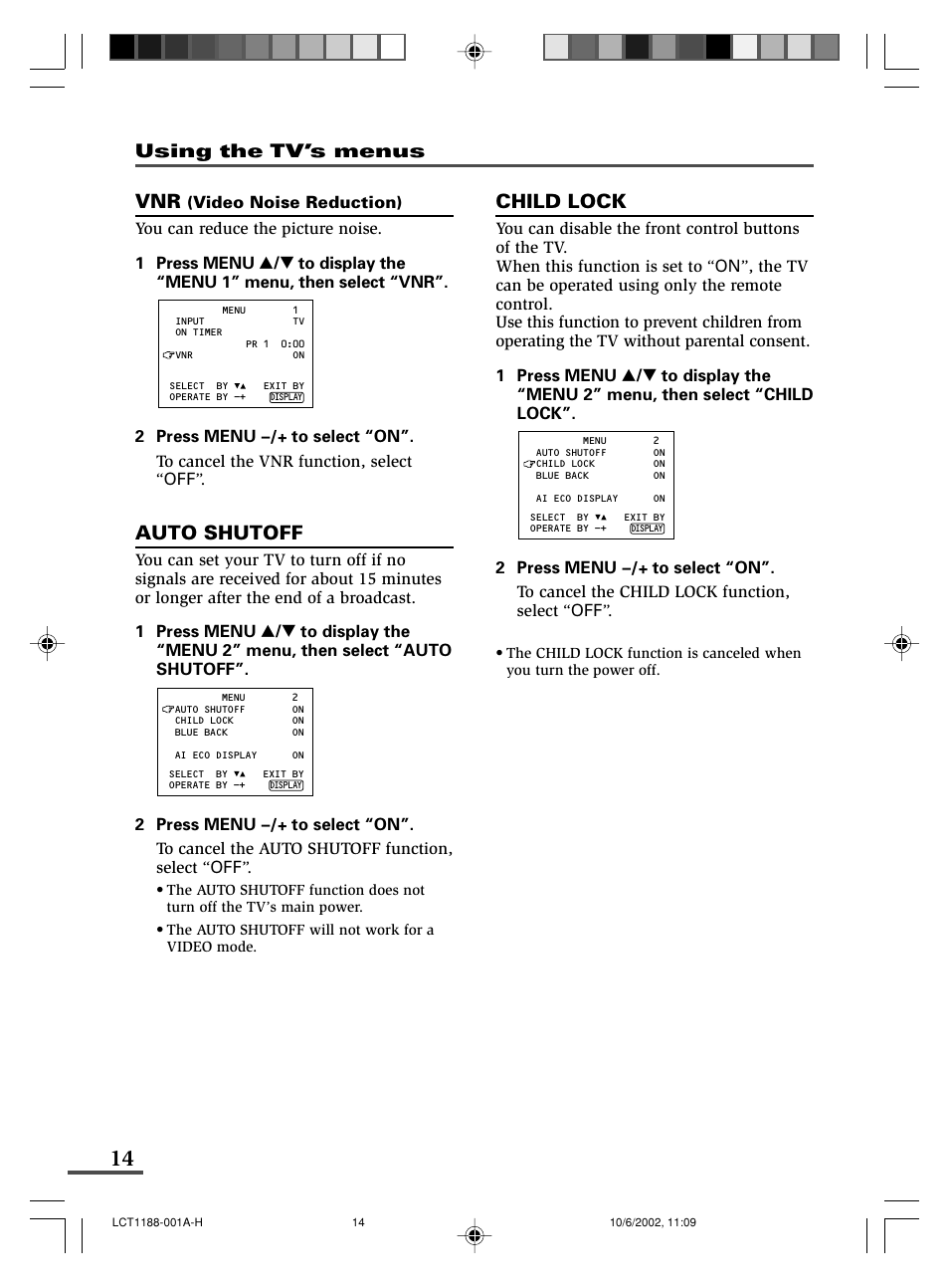 Auto shutoff, Child lock, Using the tv’s menus | JVC AV-14FMT3 User Manual | Page 34 / 64
