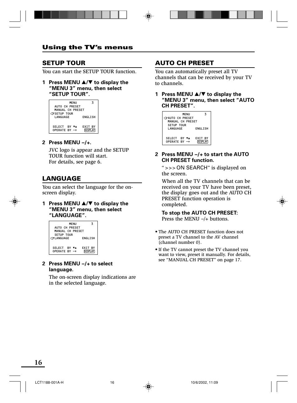 Setup tour, Language, Auto ch preset | Using the tv’s menus | JVC AV-14FMT3 User Manual | Page 36 / 64