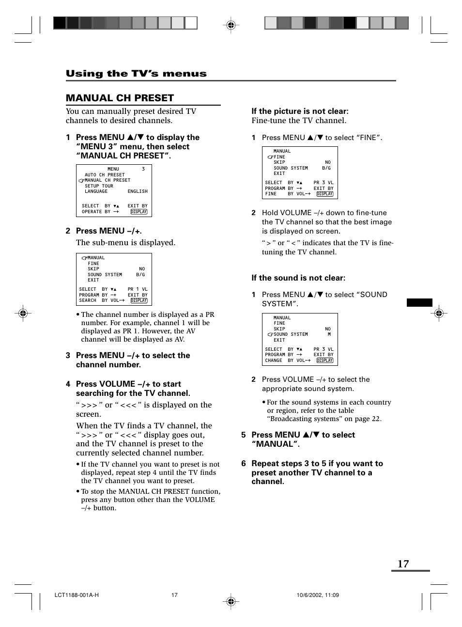 Manual ch preset, Using the tv’s menus | JVC AV-14FMT3 User Manual | Page 37 / 64