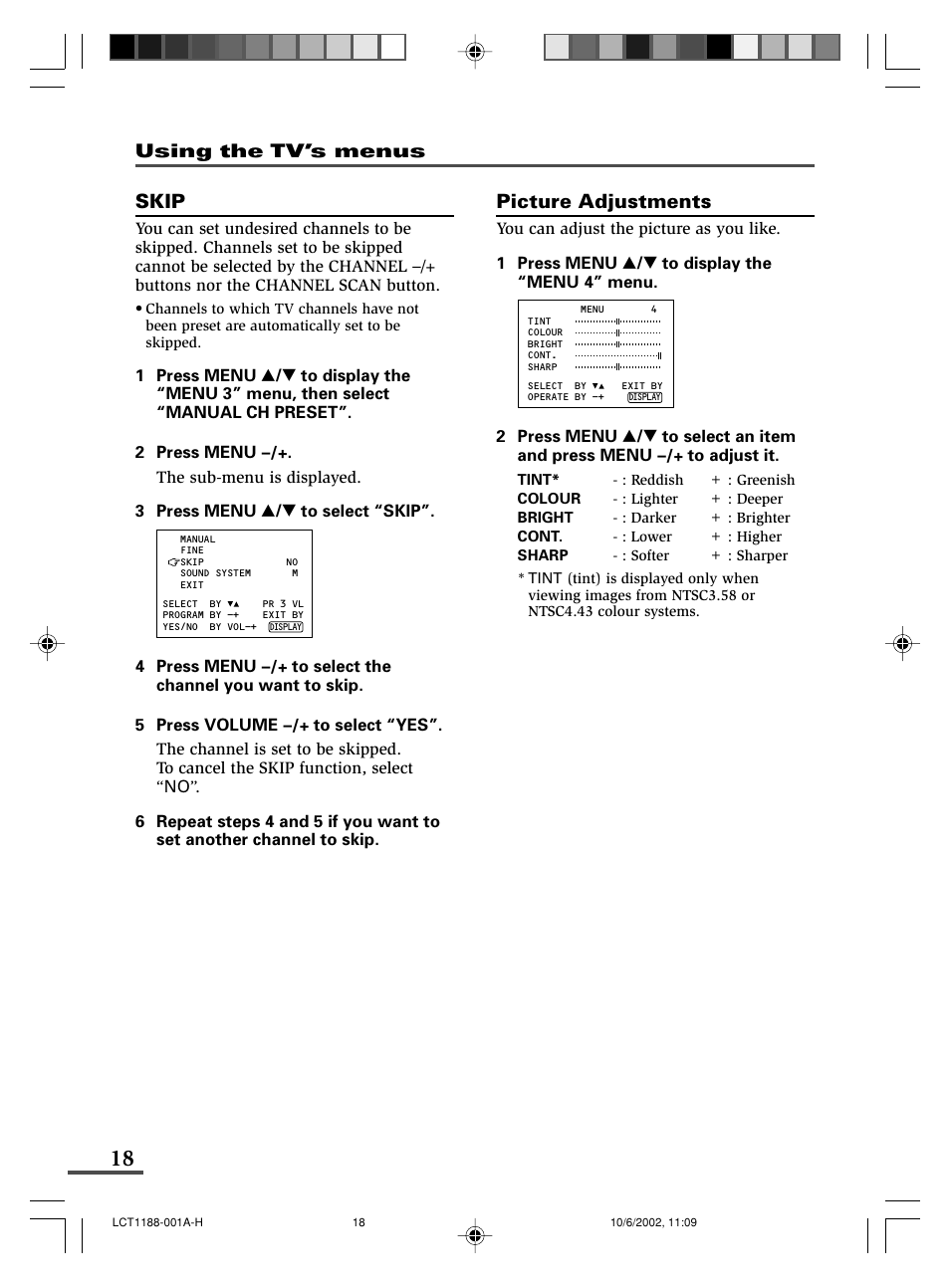 Skip, Picture adjustments | JVC AV-14FMT3 User Manual | Page 38 / 64