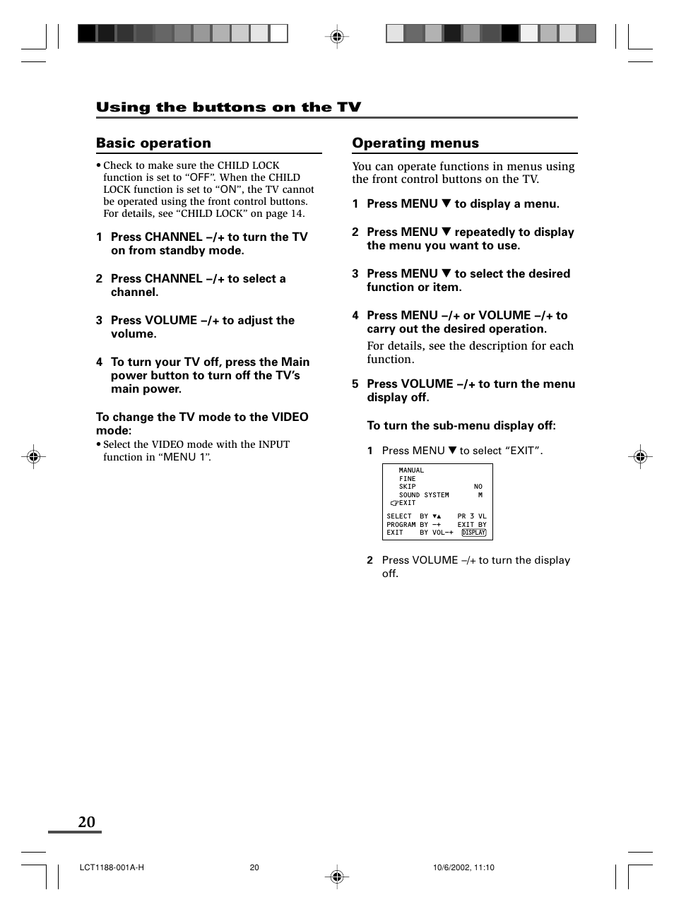 Basic operation, Operating menus | JVC AV-14FMT3 User Manual | Page 40 / 64