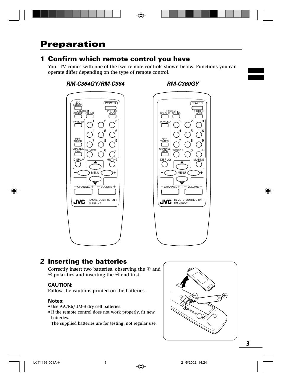 Preparation, 1 confirm which remote control you have, 2 inserting the batteries | JVC AV-14FMT3 User Manual | Page 47 / 64