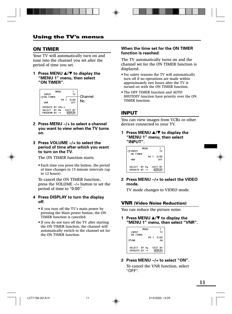 Input, On timer | JVC AV-14FMT3 User Manual | Page 55 / 64